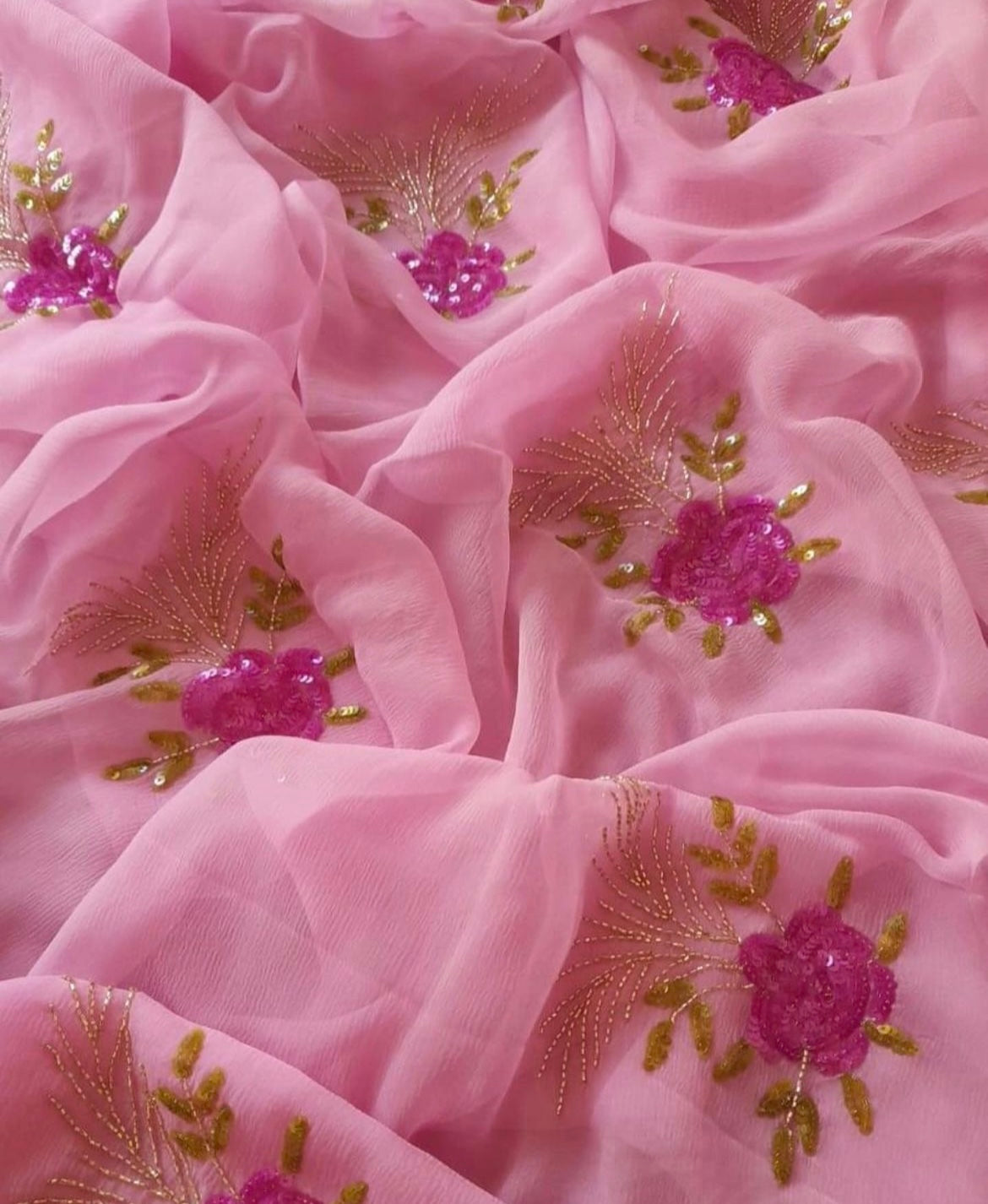 Pink Rose Motifs Miraya Chiffon Sarees