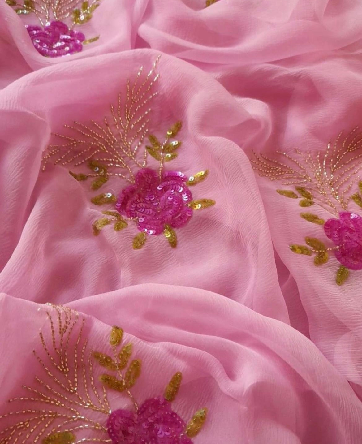 Pink Rose Motifs Miraya Chiffon Sarees