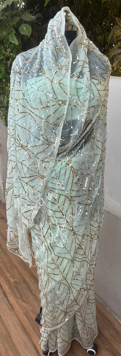 Powder Blue Golden Silver Sequins Jaal Miraya Chiffon Sarees