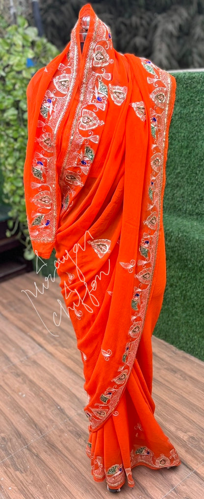 Aari Vintage Peacock Border Miraya Chiffon Sarees