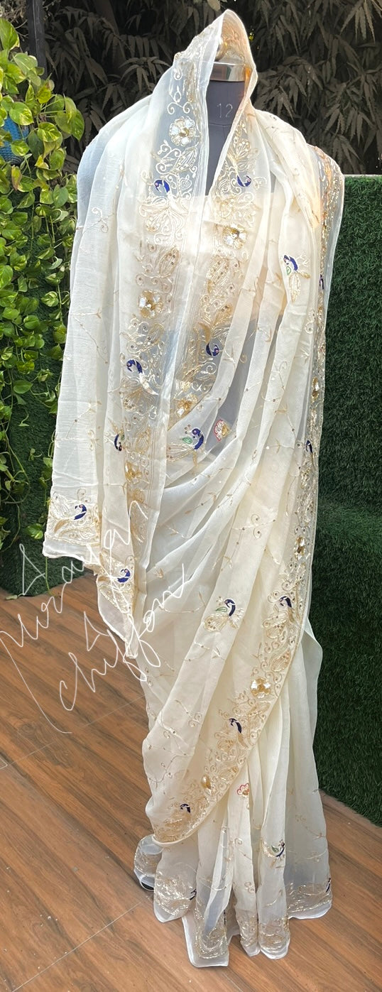 Cream Peacock Border Jaal Miraya Chiffon Sarees