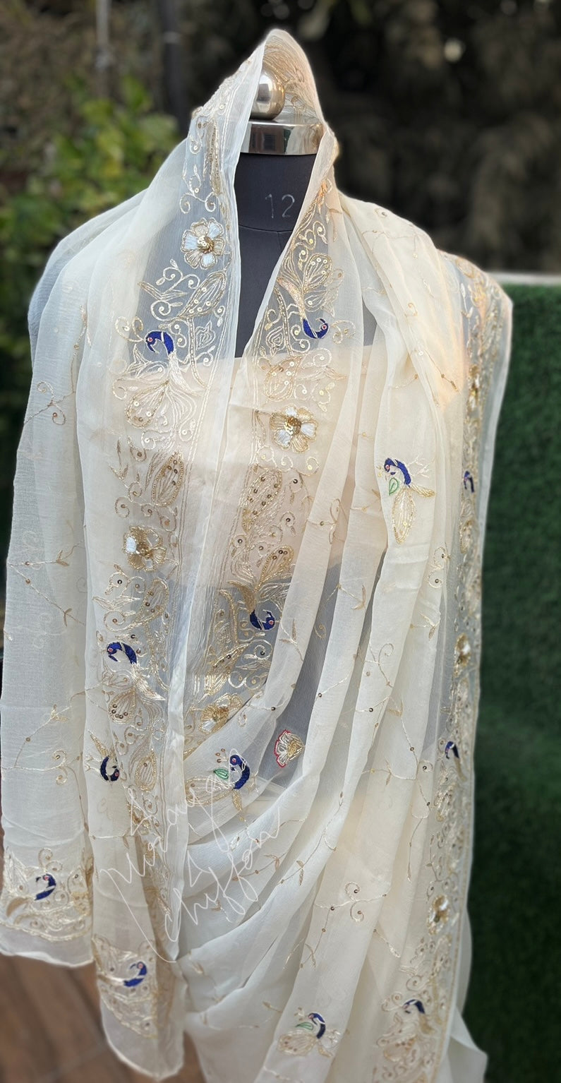 Cream Peacock Border Jaal Miraya Chiffon Sarees