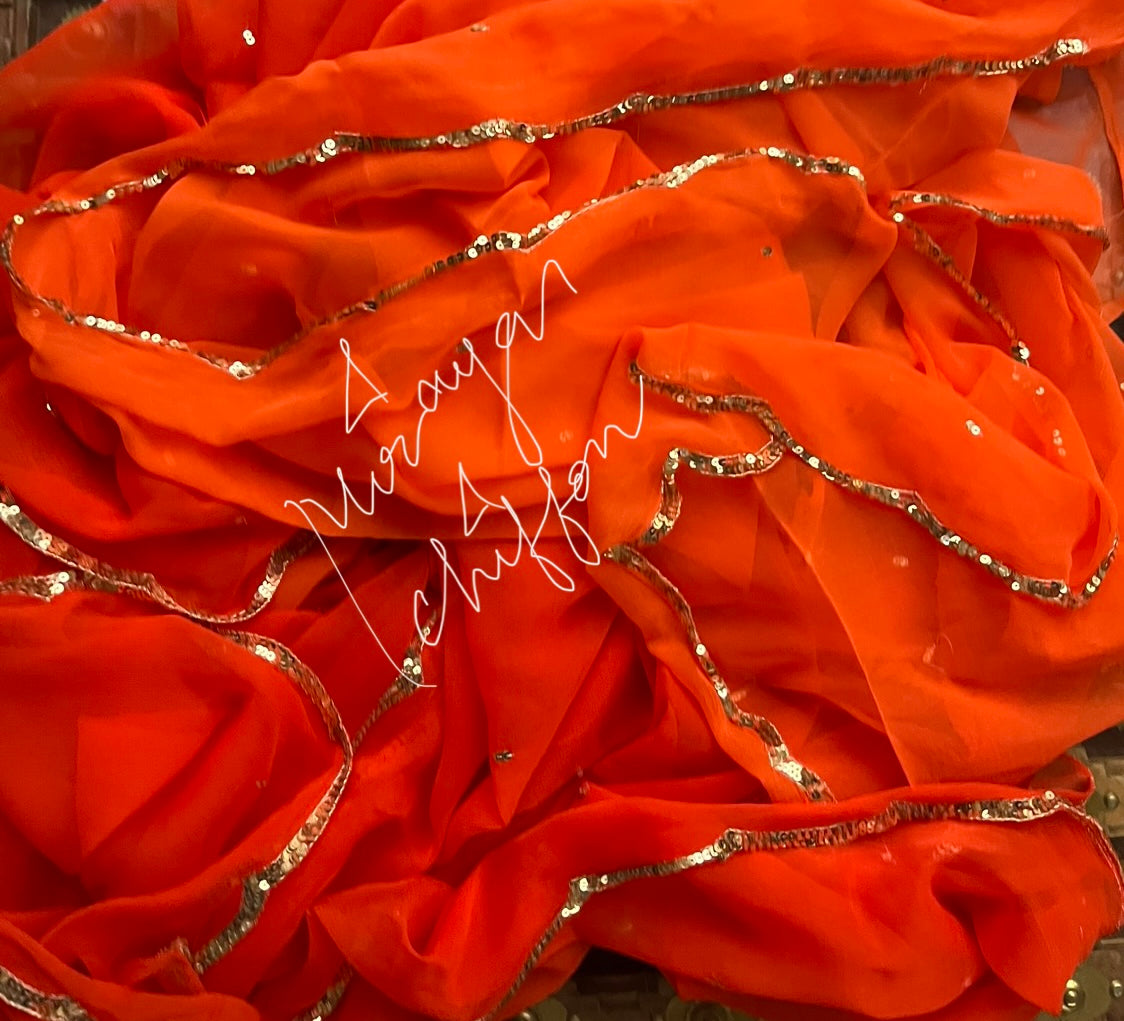 Orange Shaded Scallop Border Miraya Chiffon Sarees