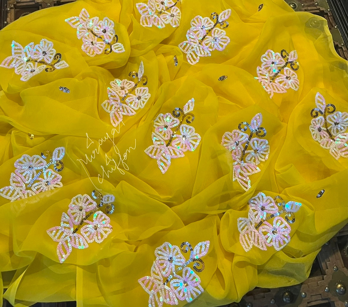 Lemon Yellow sequins Motifs Miraya Chiffon Sarees