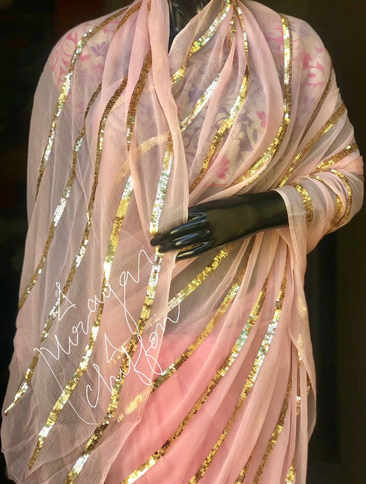 Baby Pink Golden Sequins Straight Miraya Chiffon Sarees