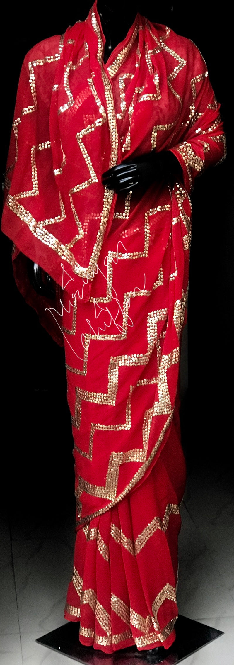 Red Zigzag Sequins Miraya Chiffon Sarees