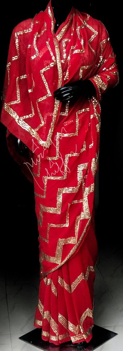 Red Zigzag Sequins Miraya Chiffon Sarees