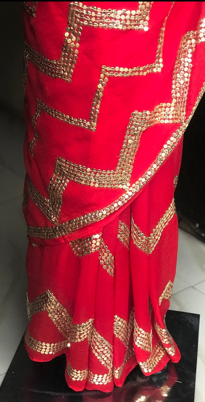 Red Zigzag Sequins Miraya Chiffon Sarees