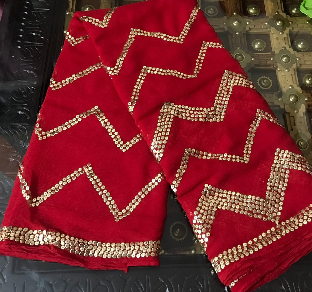 Red Zigzag Sequins Miraya Chiffon Sarees