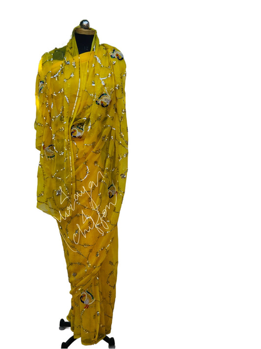 Yellow Peacock Sequins Jaal Miraya Chiffon Sarees