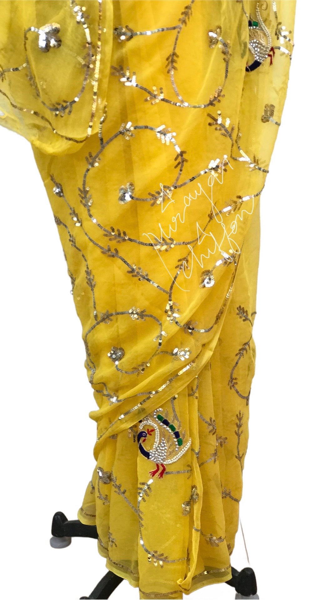 Yellow Peacock Sequins Jaal Miraya Chiffon Sarees