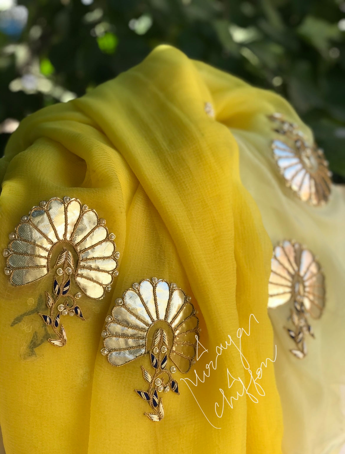 Yellow Ombre Dyed Laffa Cutting Zardogi Motifs Miraya Chiffon Sarees