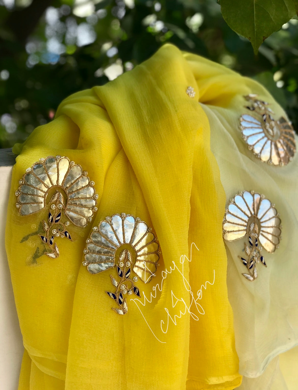 Yellow Ombre Dyed Laffa Cutting Zardogi Motifs Miraya Chiffon Sarees