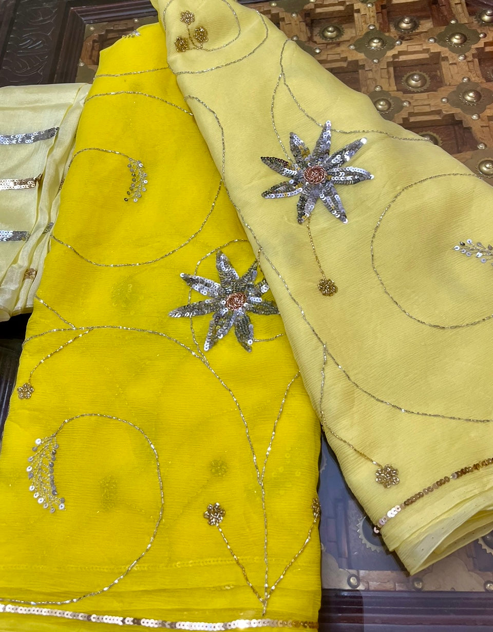 Yellow Cream Ombre Dyed Sequins Cutdana Zardogi Jaal Miraya Chiffon Sarees