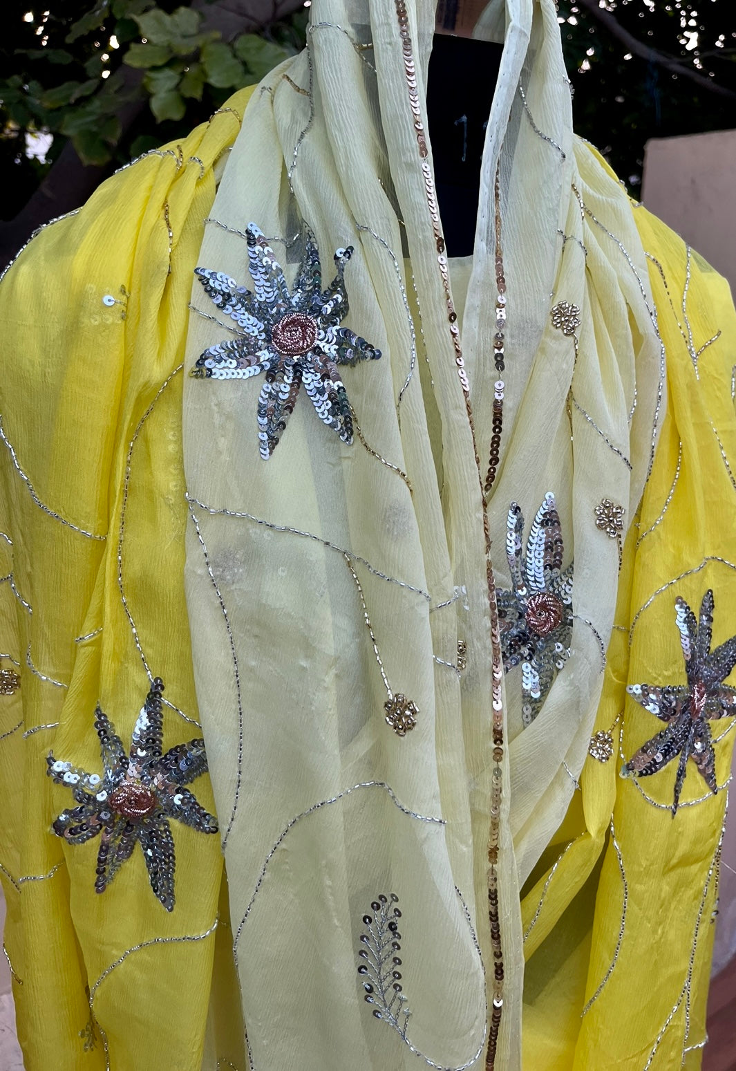 Yellow Cream Ombre Dyed Sequins Cutdana Zardogi Jaal Miraya Chiffon Sarees