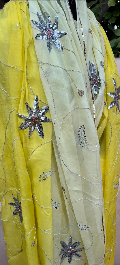 Yellow Cream Ombre Dyed Sequins Cutdana Zardogi Jaal Miraya Chiffon Sarees