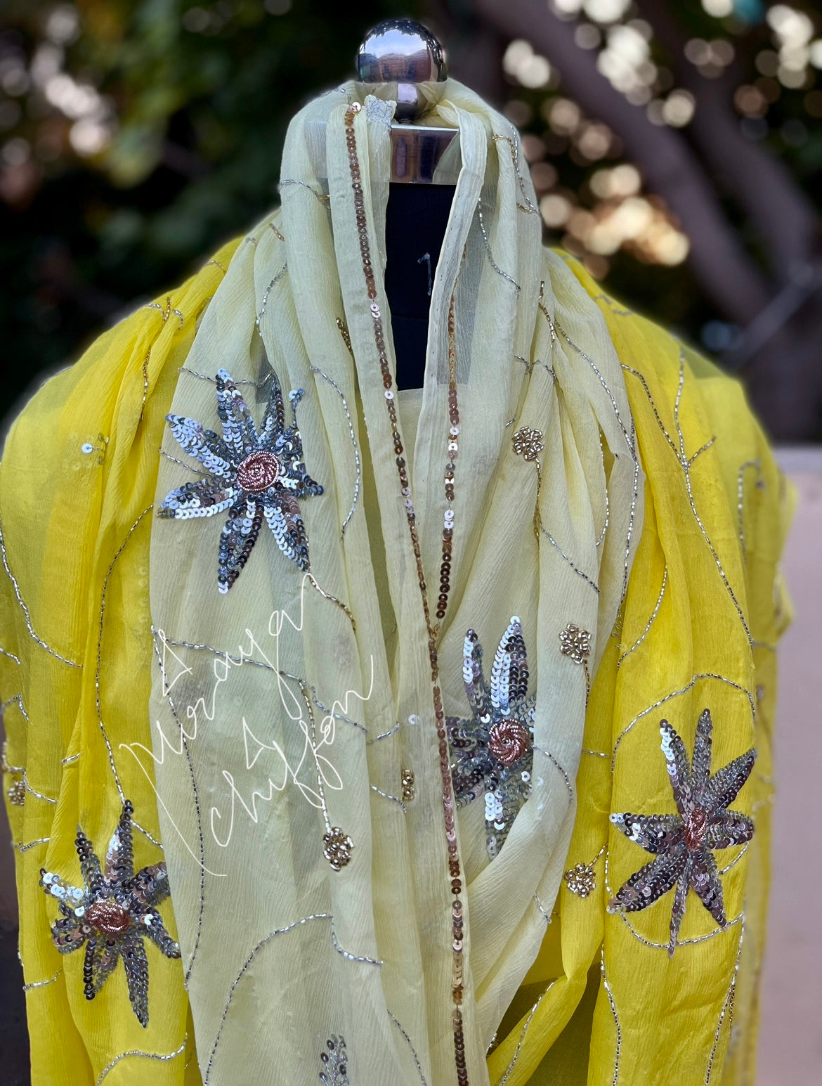 Yellow Cream Ombre Dyed Sequins Cutdana Zardogi Jaal Miraya Chiffon Sarees