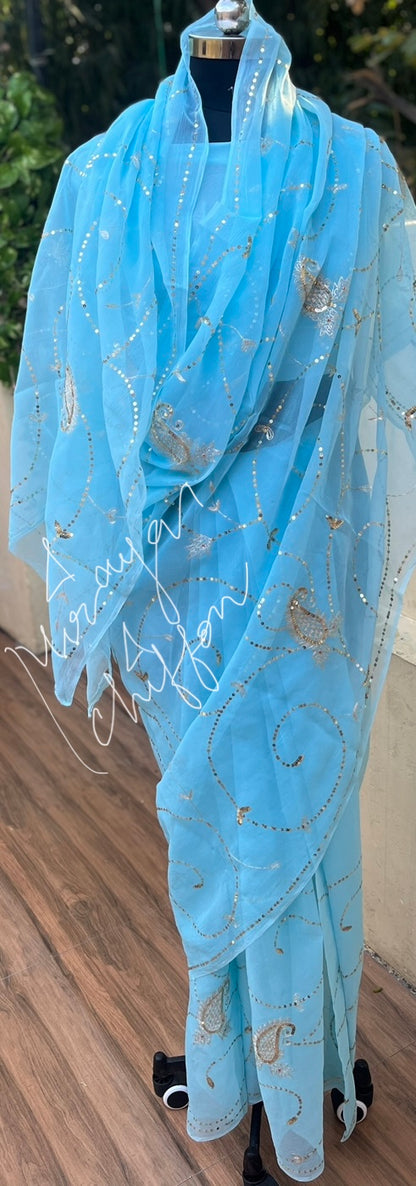 Sky Blue Aari Sequins Jaal Miraya Chiffon Sarees