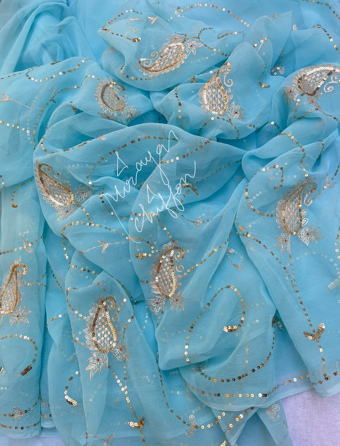 Sky Blue Aari Sequins Jaal Miraya Chiffon Sarees