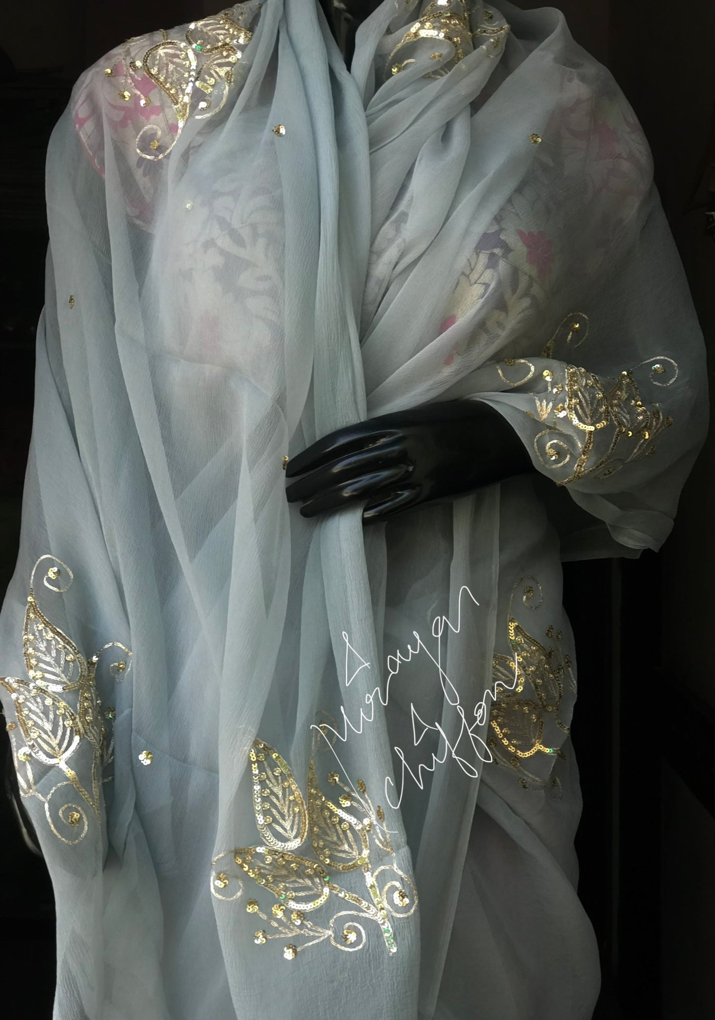 Grey Aari Motifs Miraya Chiffon Sarees