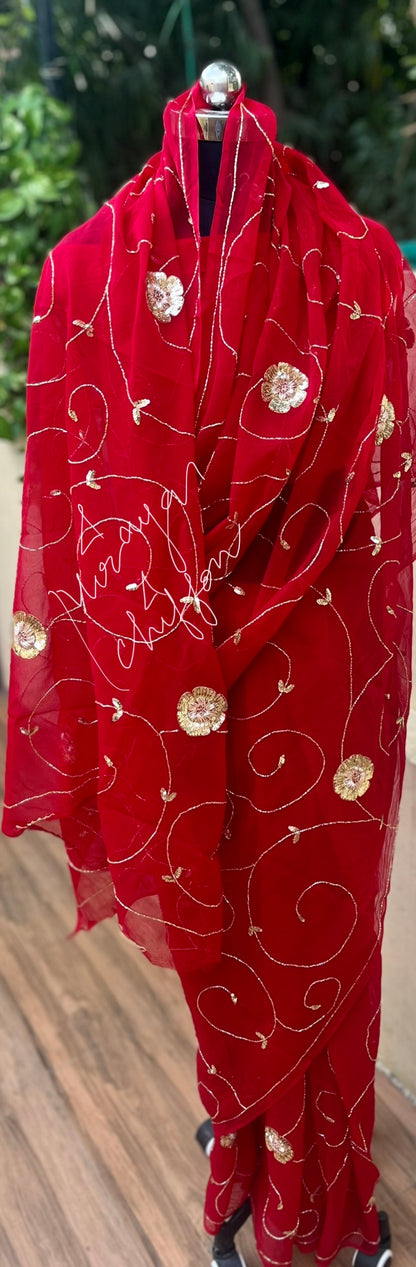 Red Cutdana Jaal Miraya Chiffon Sarees