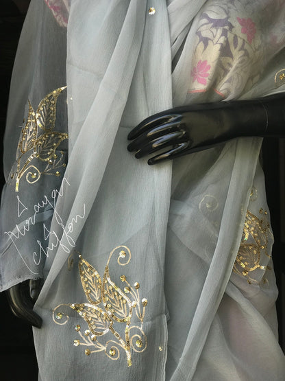 Grey Aari Motifs Miraya Chiffon Sarees