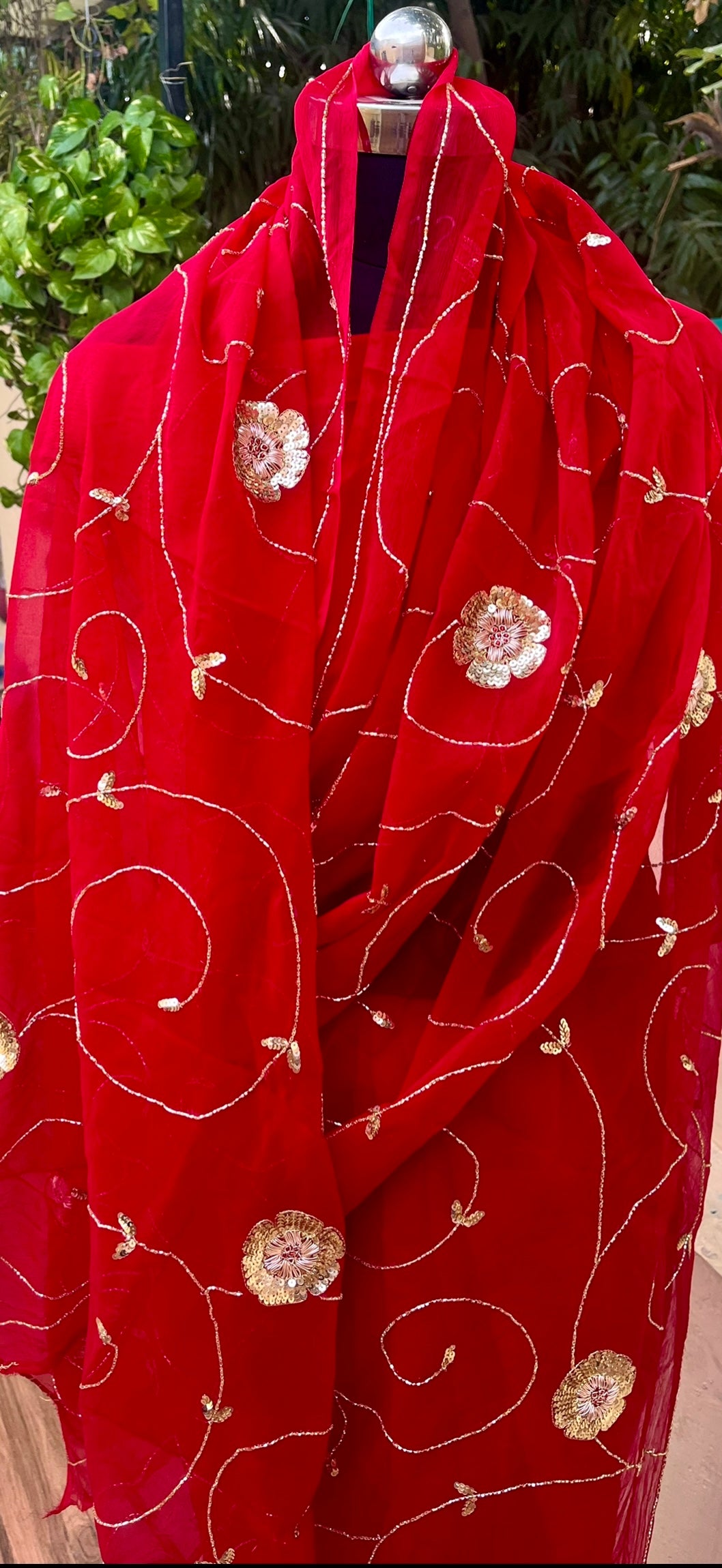 Red Cutdana Jaal Miraya Chiffon Sarees