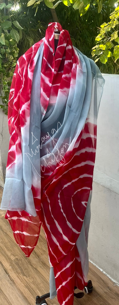 Red Grey Tie & Dye Leheriya Miraya Chiffon Sarees