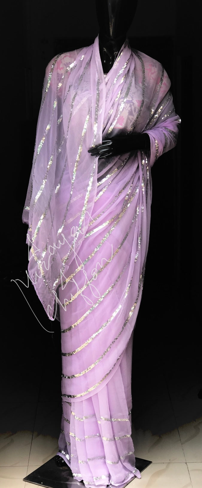 Lavender Sequins Line Miraya Chiffon Sarees