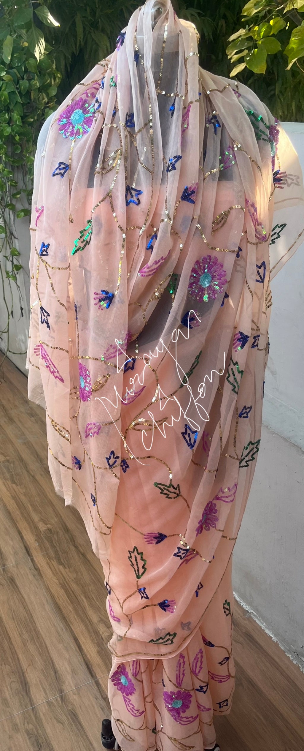 Peach Sequins Jaal Miraya Chiffon Sarees