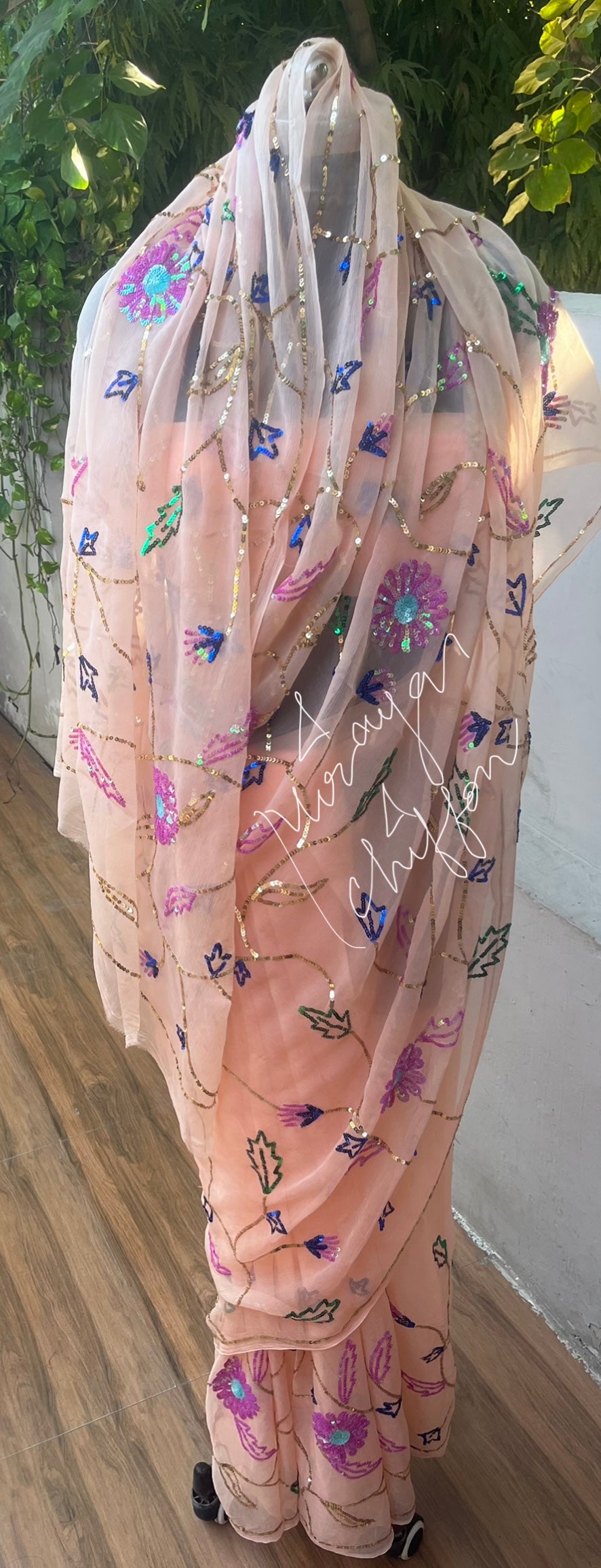 Peach Sequins Jaal Miraya Chiffon Sarees