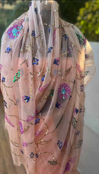 Peach Sequins Jaal Miraya Chiffon Sarees