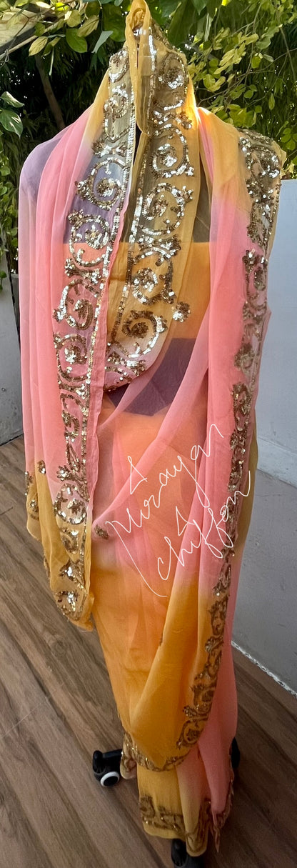 Peach Sequins Border Miraya Chiffon Sarees