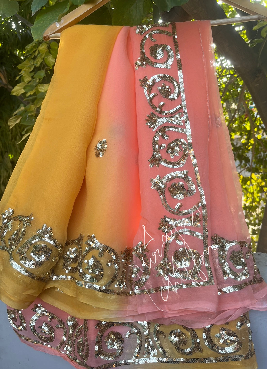 Peach Sequins Border Miraya Chiffon Sarees