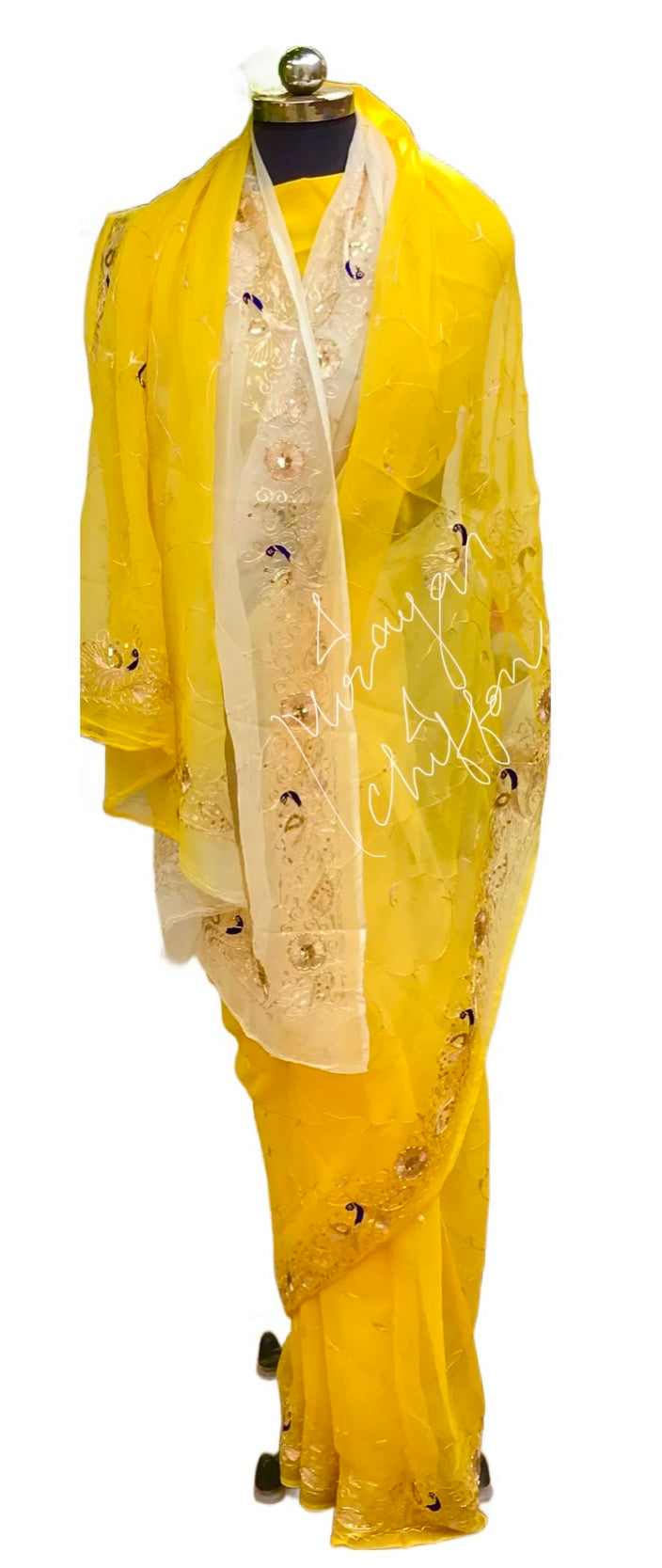 Yellow Shaded Peacock Border Jaal Miraya Chiffon Sarees