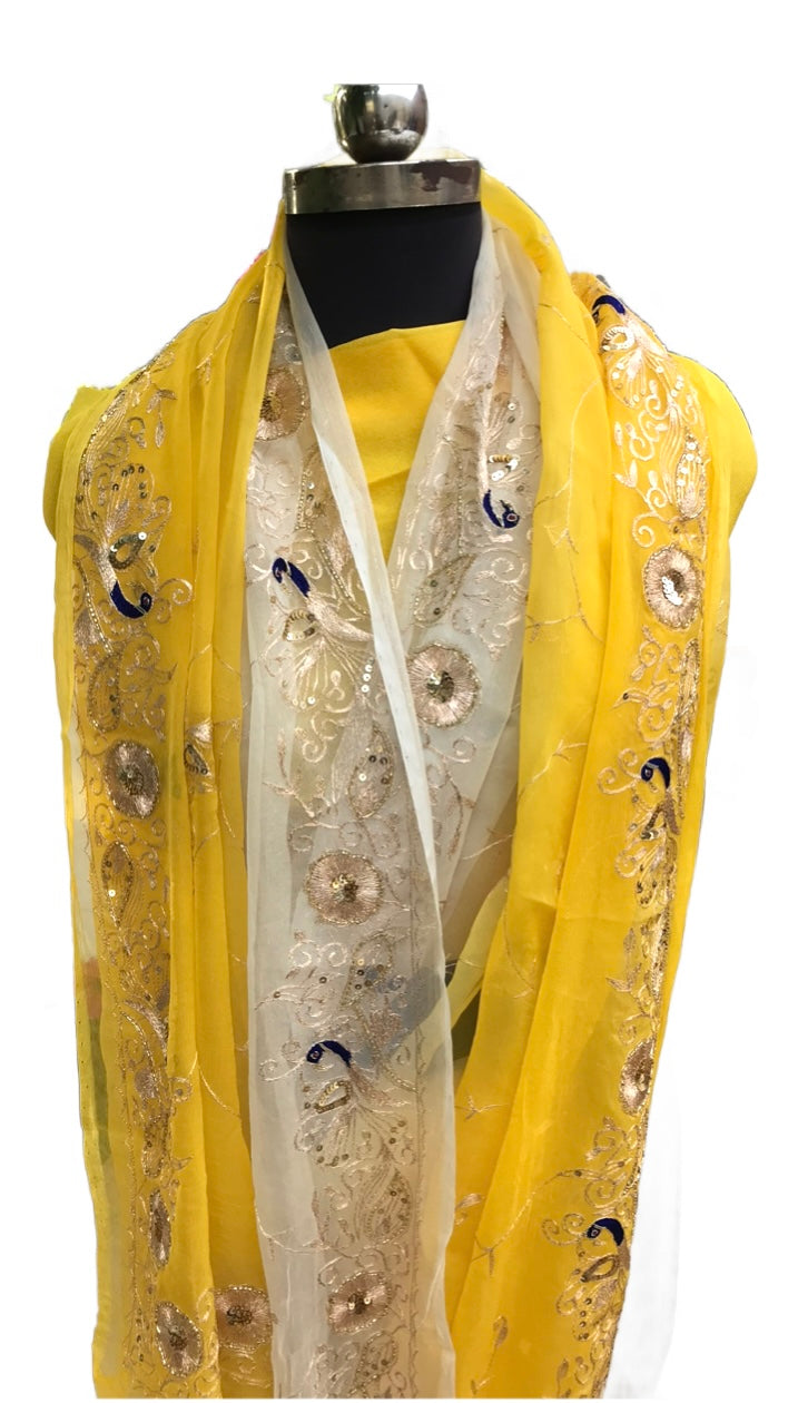 Yellow Shaded Peacock Border Jaal Miraya Chiffon Sarees