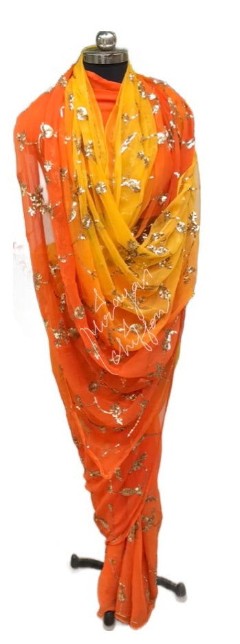 Orange Yellow Ombre Dyed Sequins Jaal Miraya Chiffon Sarees