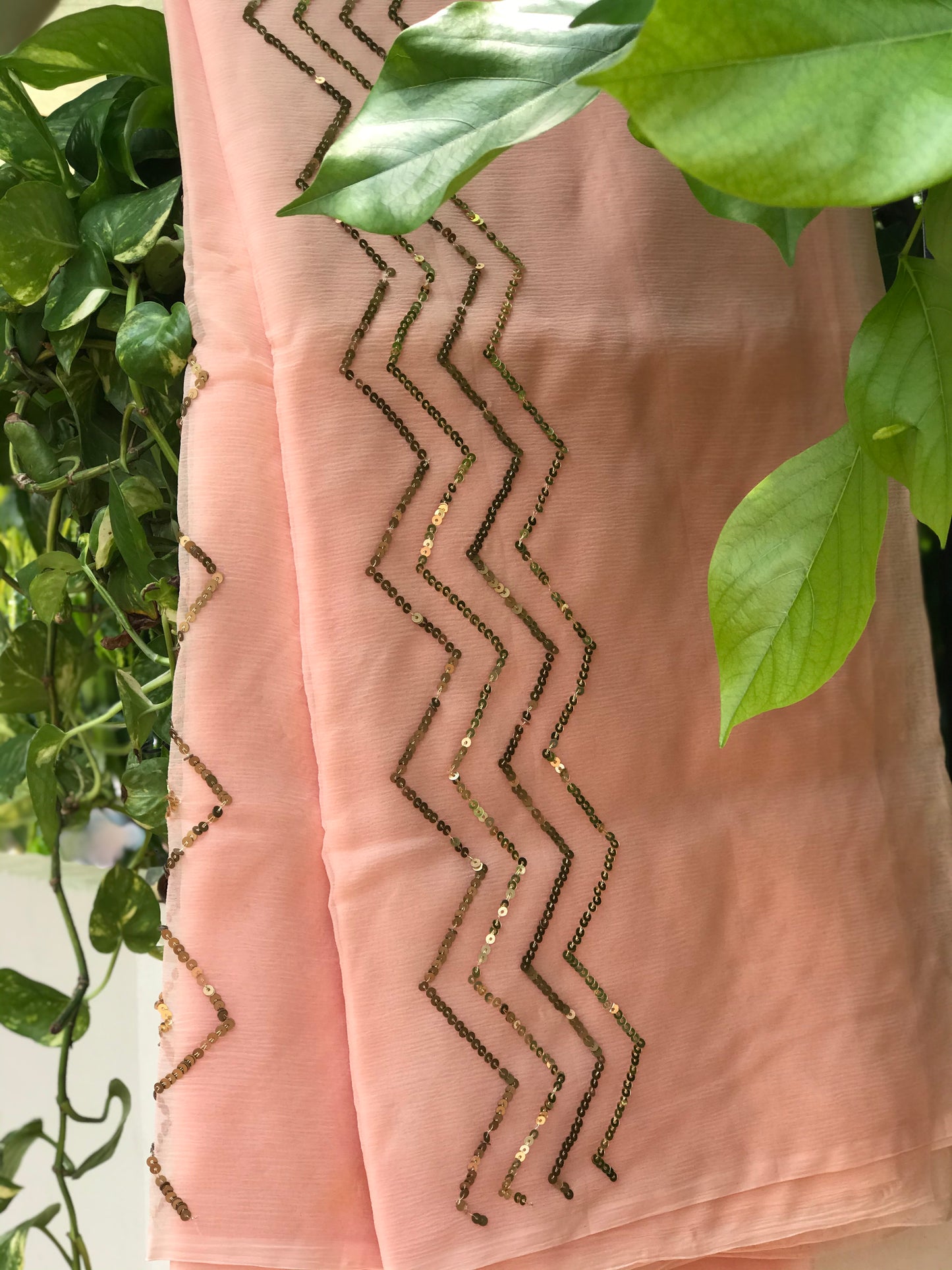 Peach Copper Sequins Zigzag Miraya Chiffon Sarees