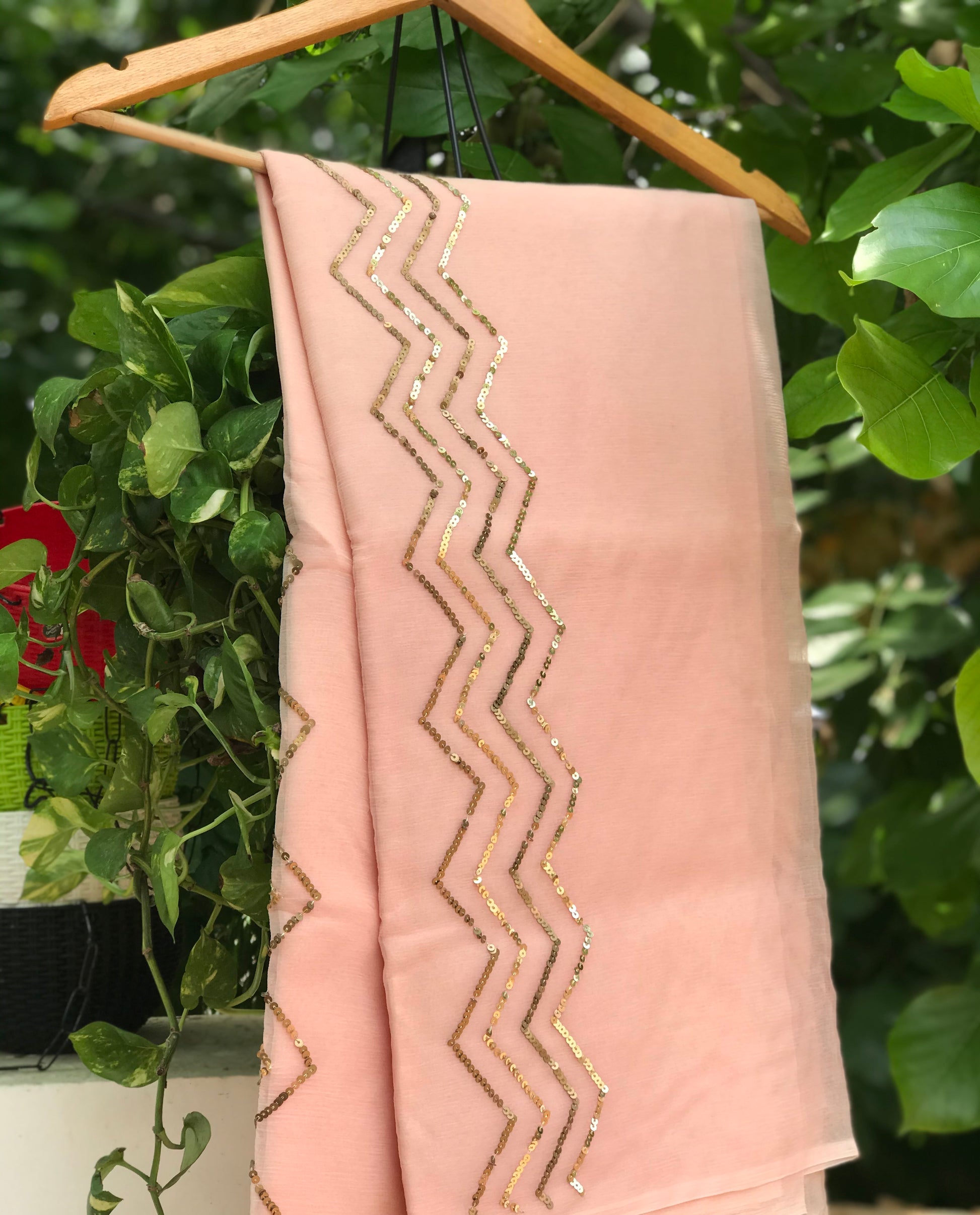 Peach Copper Sequins Zigzag Miraya Chiffon Sarees