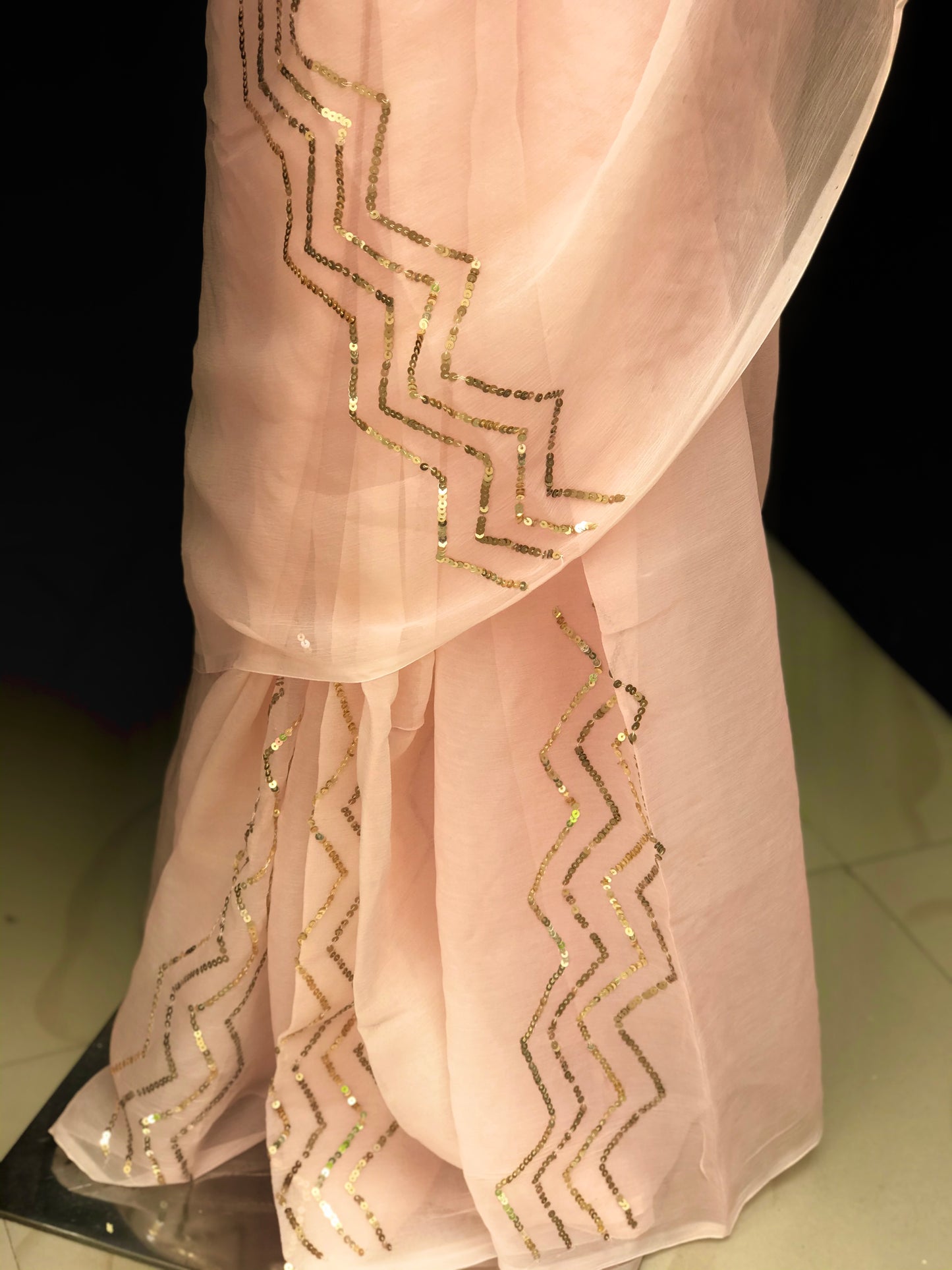 Peach Copper Sequins Zigzag Miraya Chiffon Sarees