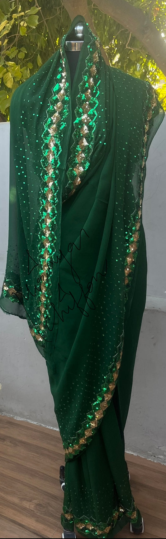 Bottle Green Sequins Border Miraya Chiffon Sarees