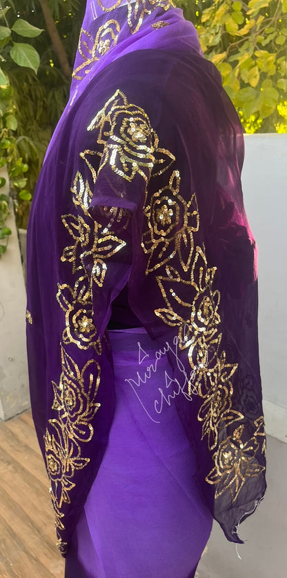 Purple Sequins Rose Borders Miraya Chiffon Sarees