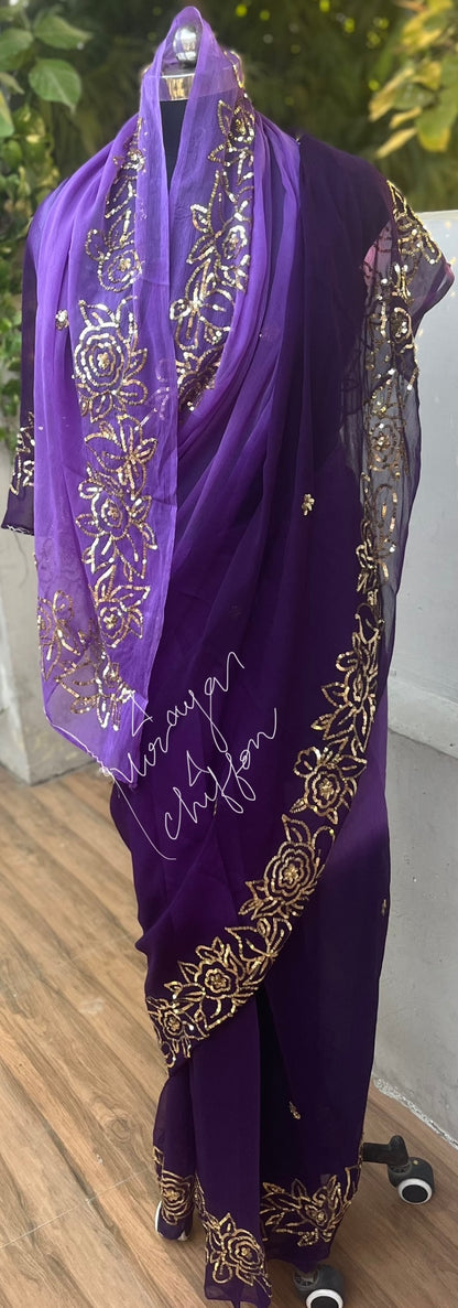 Purple Sequins Rose Borders Miraya Chiffon Sarees