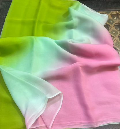 Ombre Baby Pink Powder Blue Green Shaded Miraya Chiffon Sarees