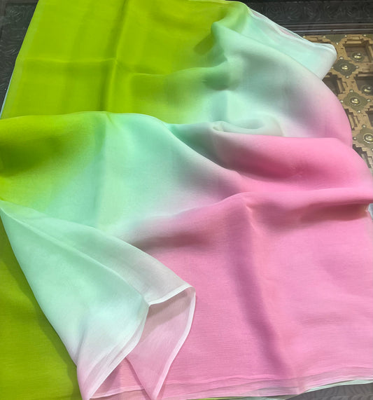 Ombre Baby Pink Powder Blue Green Shaded Miraya Chiffon Sarees