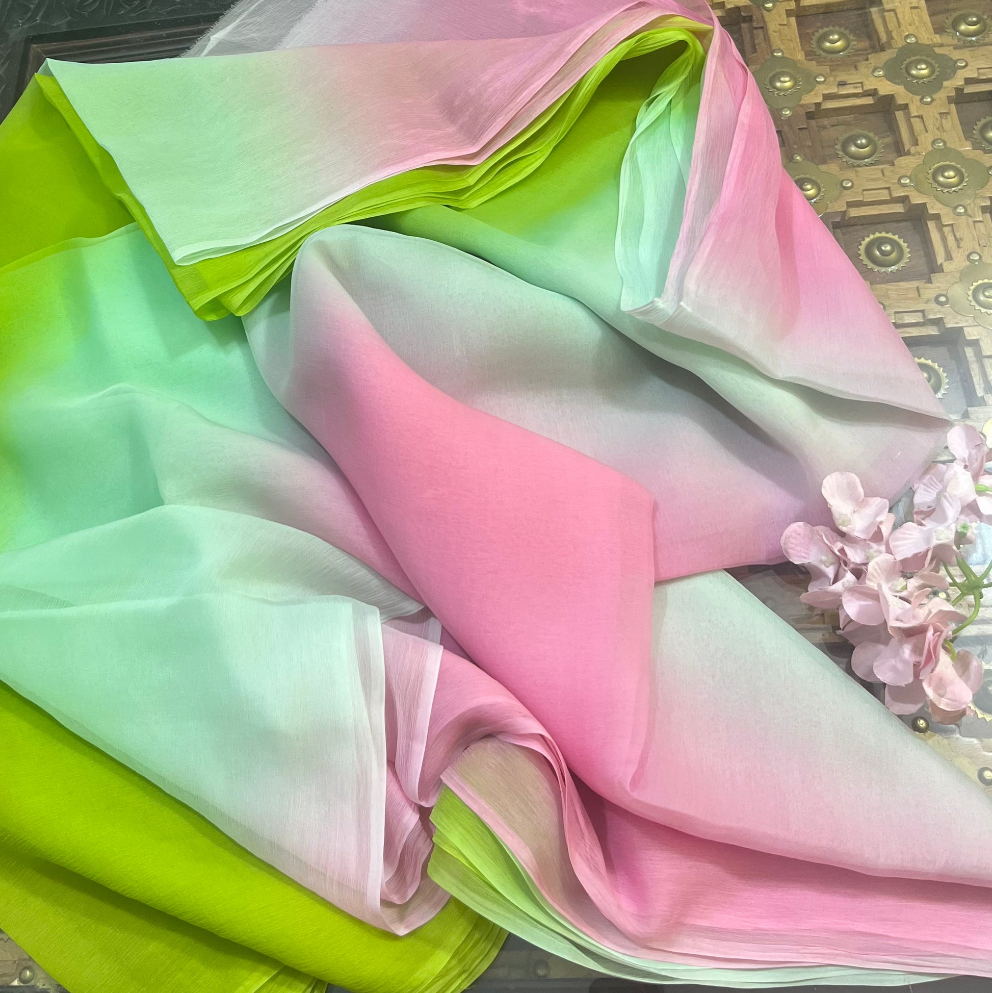 Ombre Baby Pink Powder Blue Green Shaded Miraya Chiffon Sarees