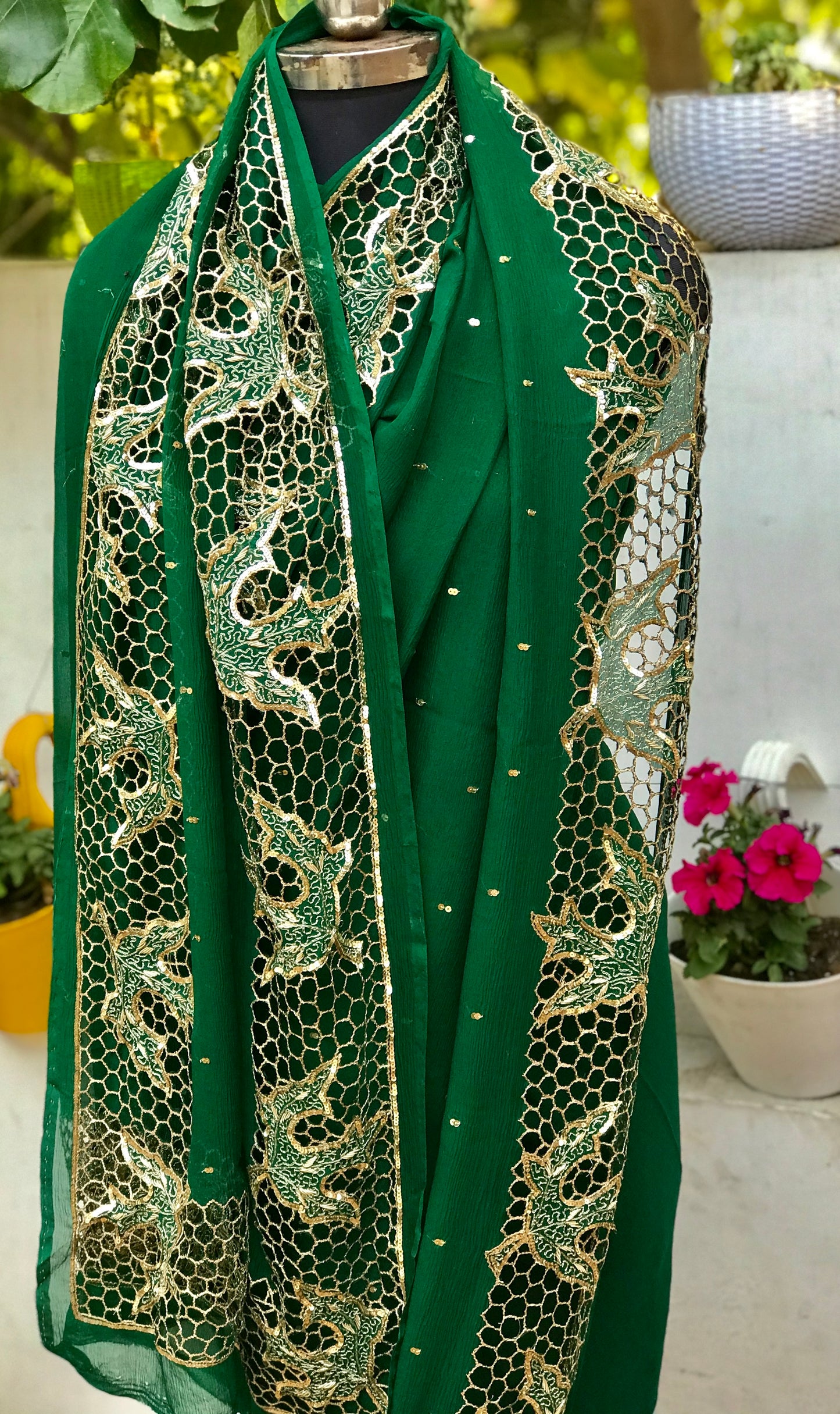 Bottle Green Cutwork Saree Miraya Chiffon Sarees