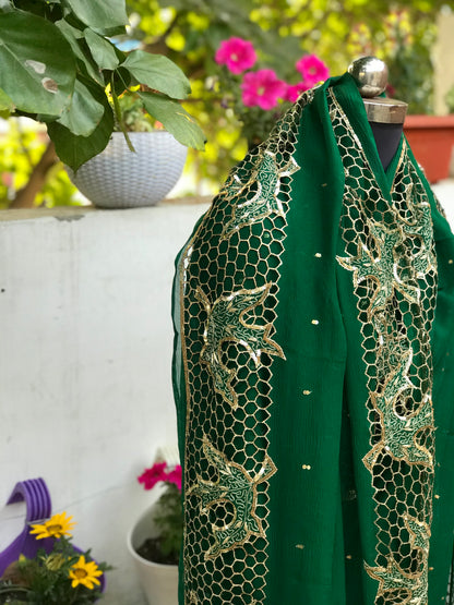 Bottle Green Cutwork Saree Miraya Chiffon Sarees