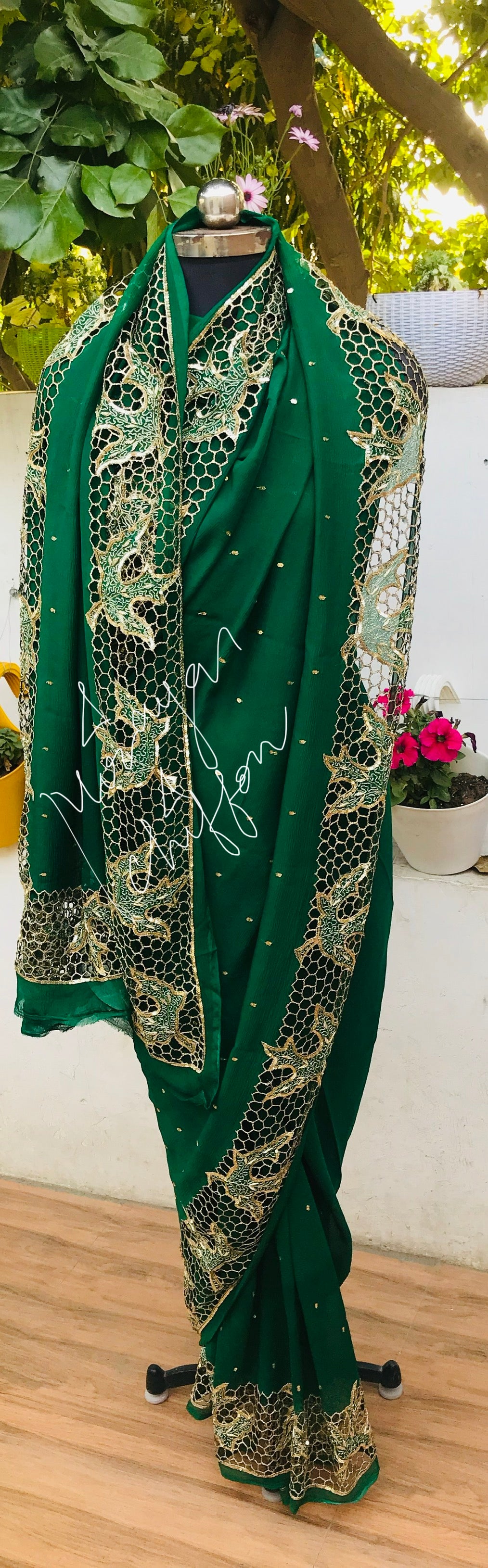 Bottle Green Cutwork Saree Miraya Chiffon Sarees