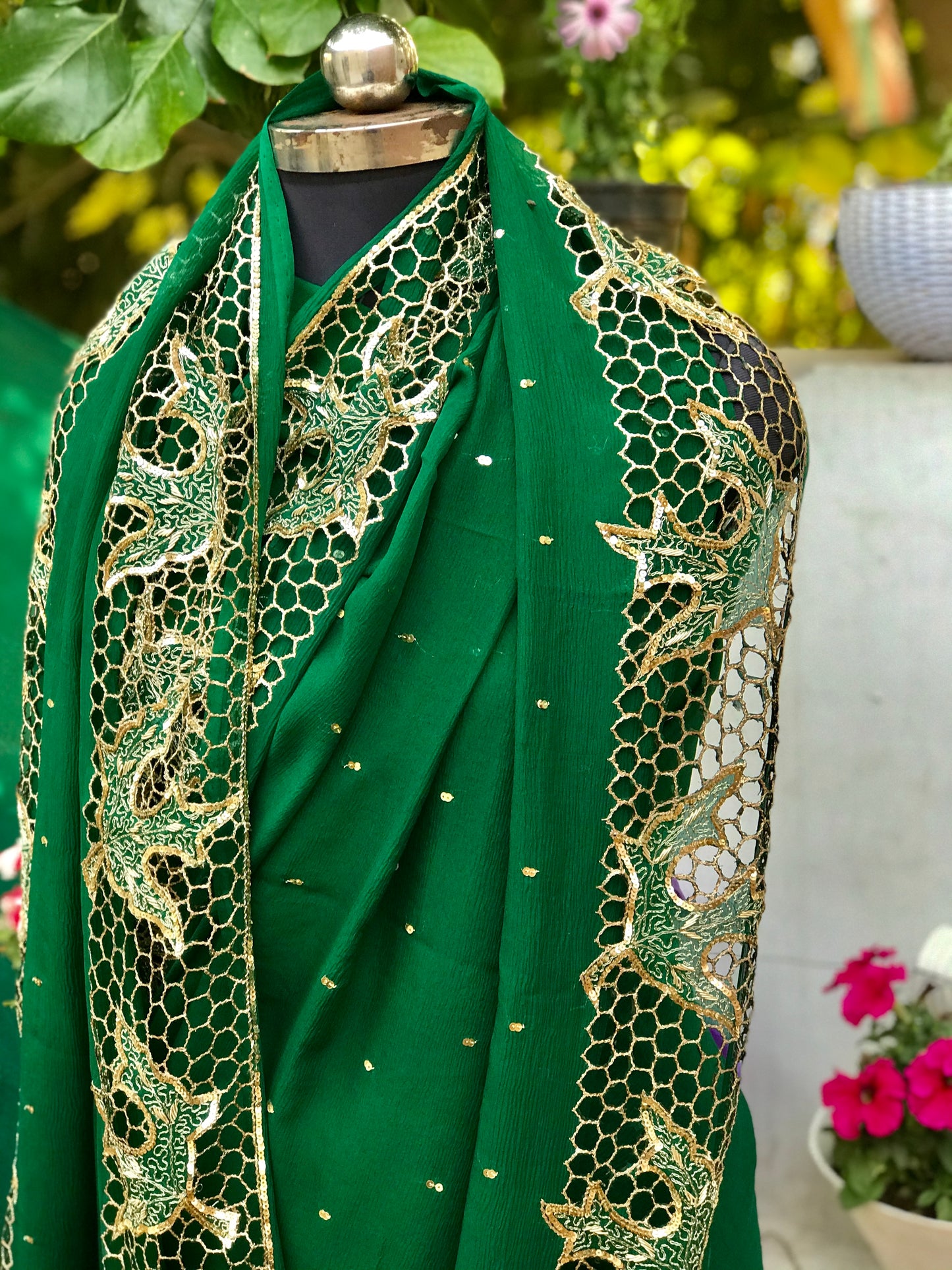 Bottle Green Cutwork Saree Miraya Chiffon Sarees